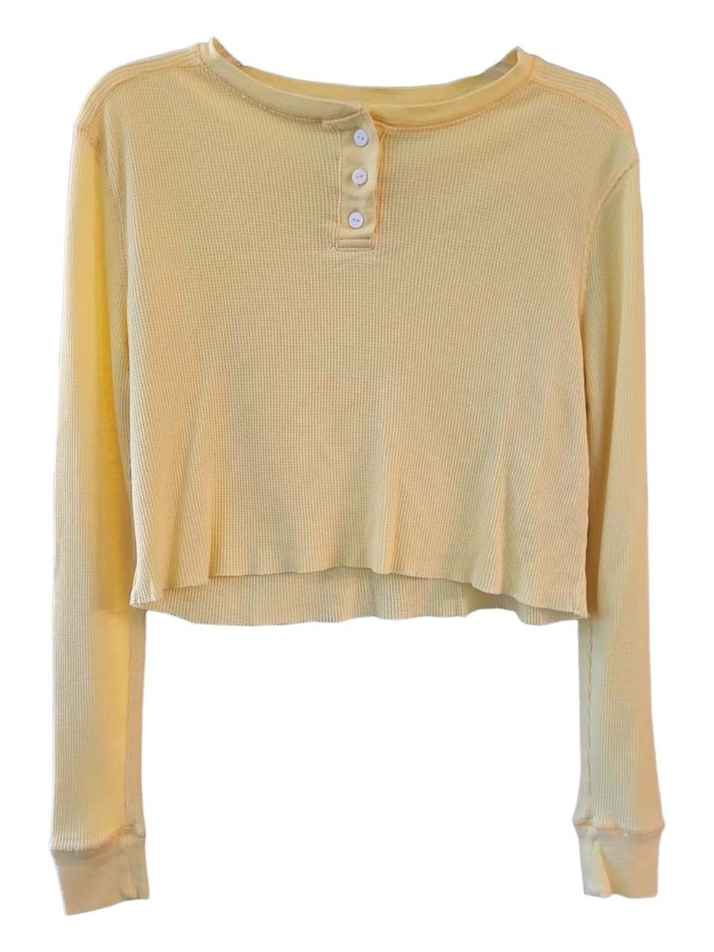 Wild Fable Women's Pale Yellow Cropped Waffle-Knit Henley Long-Sleeve Top - Sz M